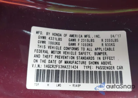 2017 Honda Accord Sport from USA, damaged, VIN 1HGCR2F53HA221424